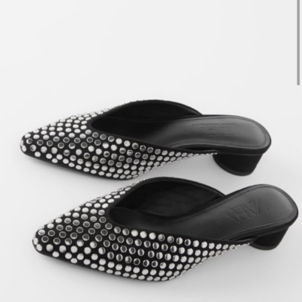 ZARA Studded Pointed Toe Kitten Heel Mules